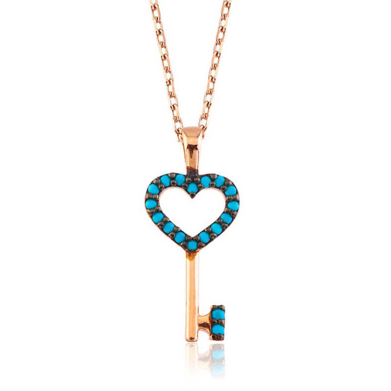 Gümüş Mavi Kalpli Anahtar Bayan Kolye