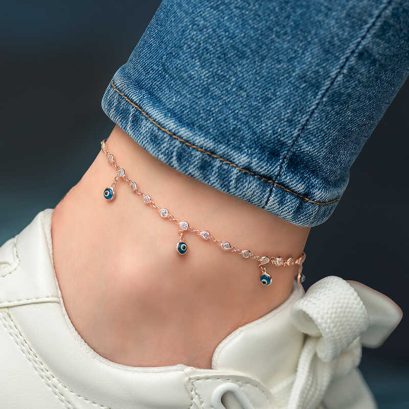 Gümüş Sıralı Zirkon Taşlı Nazarlı Rose Halhal