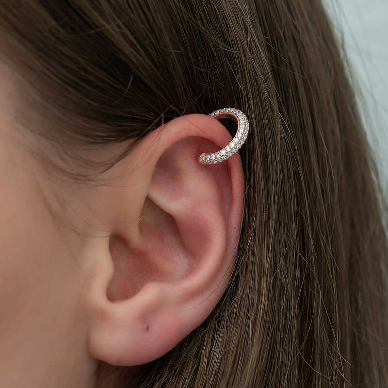 Gümüş Rose Taşlı Halka Kıkırdak Küpe