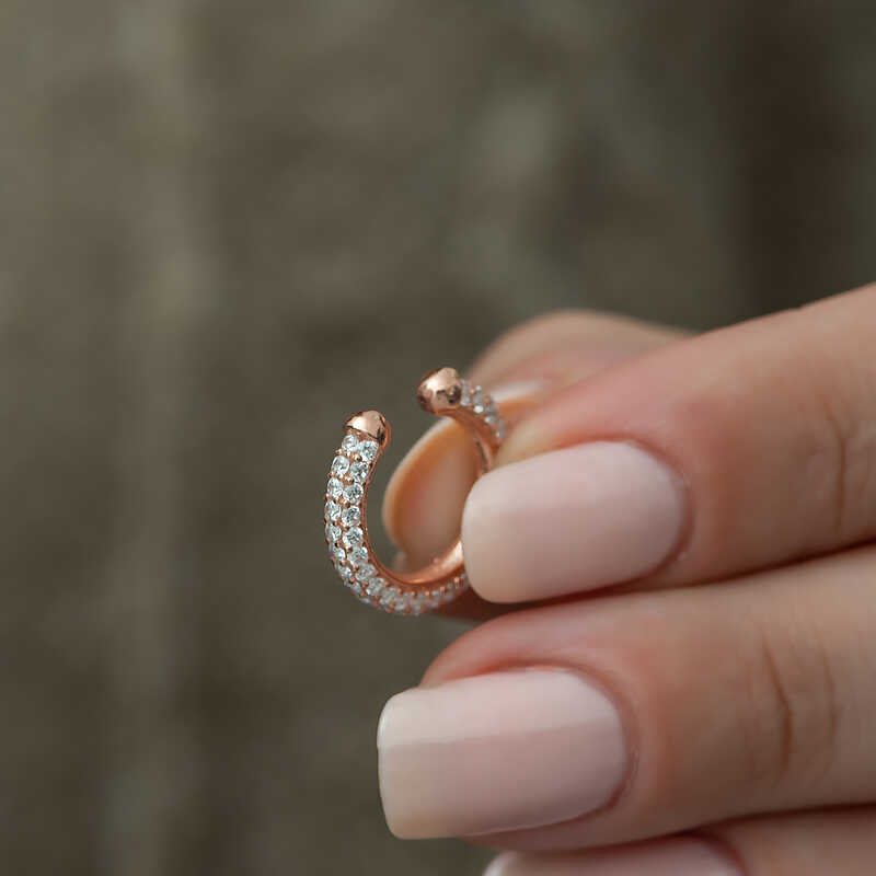 Gümüş Rose Taşlı Halka Kıkırdak Küpe