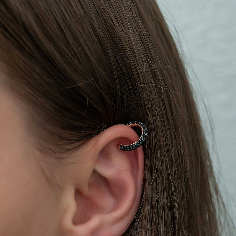 Gümüş Rose Siyah Taşlı Halka Kıkırdak Küpe