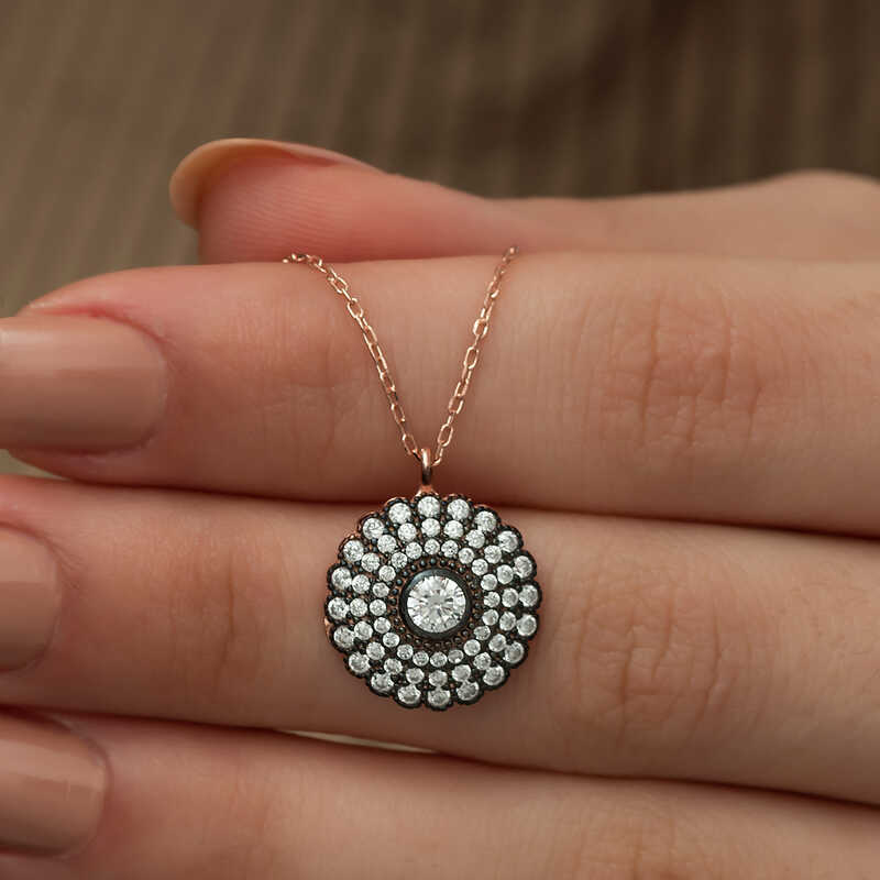 Gümüş Rose Elmas Montür Çiçek Bayan Kolye