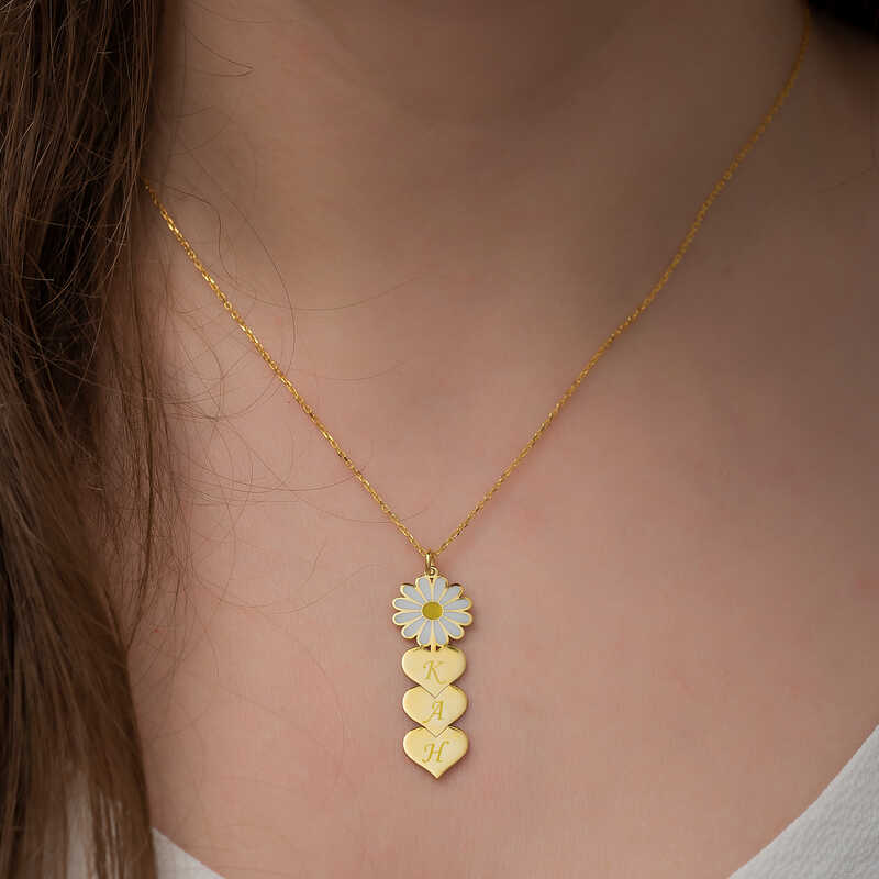 Gümüş Gold Kişiye Özel Kalpli Papatya Kolye