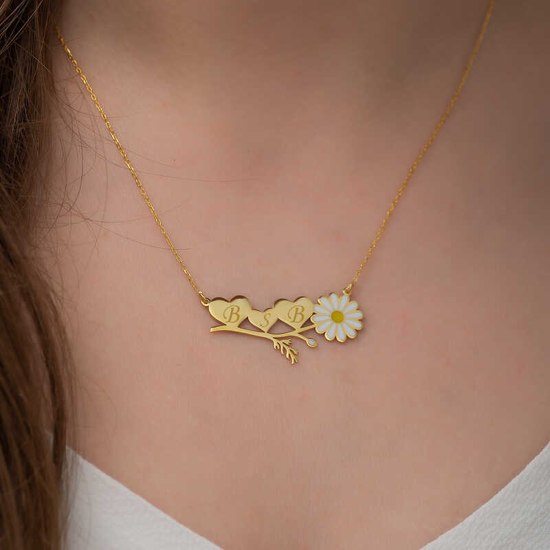 Gümüş Gold Kişiye Özel Kalpli Papatya Kolye