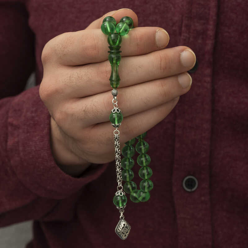 Gümüş Püskül Yeşil Küre Ateş Kehribar Tesbih