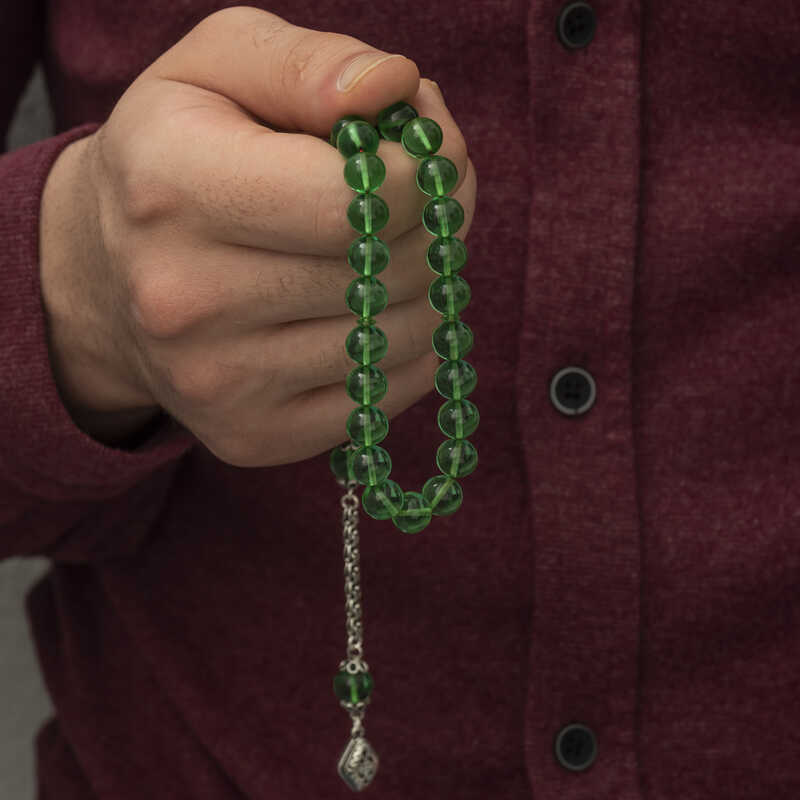 Gümüş Püskül Yeşil Küre Ateş Kehribar Tesbih