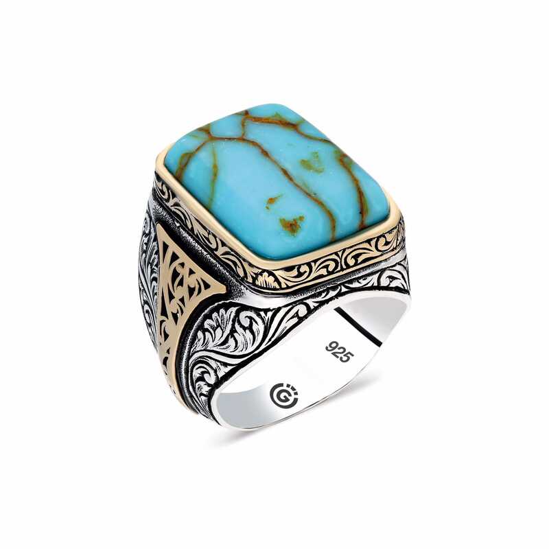 Gümüş Turkuaz Çizgi Geçişli Taşlı Kare Erkek Yüzük