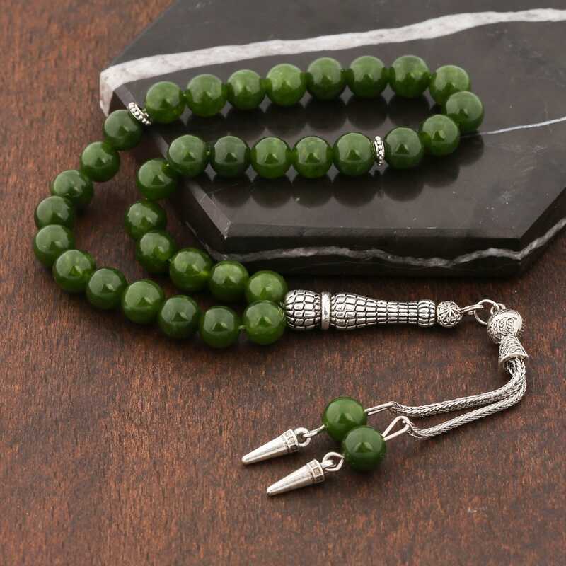 Doğaltaş Metal Püsküllü Yeşil Yeşim Taşı Tesbih