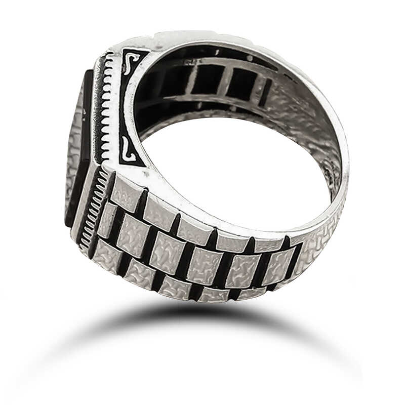 Gümüş Oniks Taşlı Desenli Erkek Yüzük