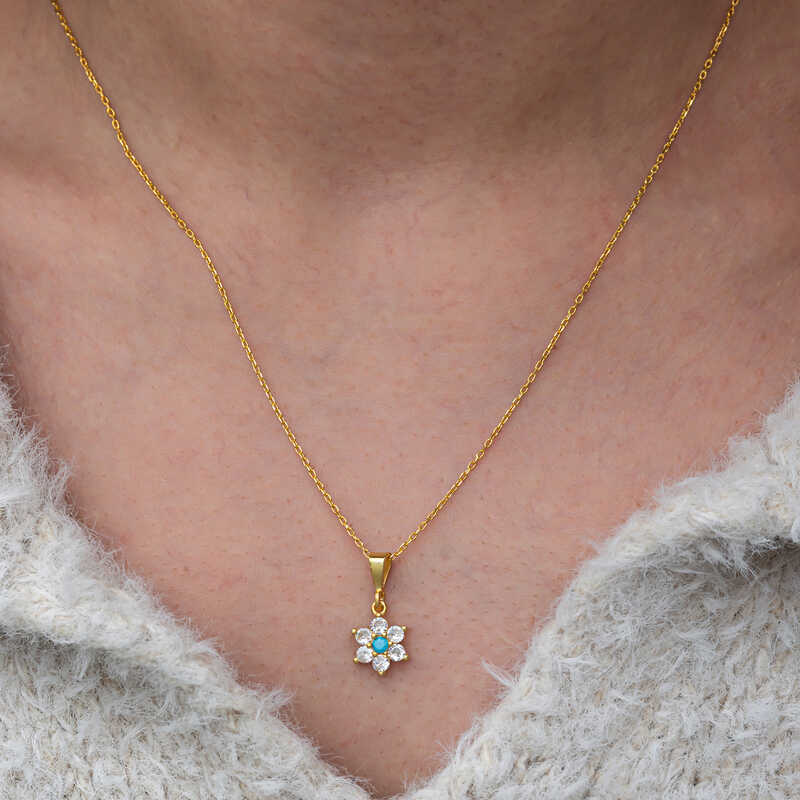 Gümüş Mavi Taşlı Gold Çiçek Kadın Kolye