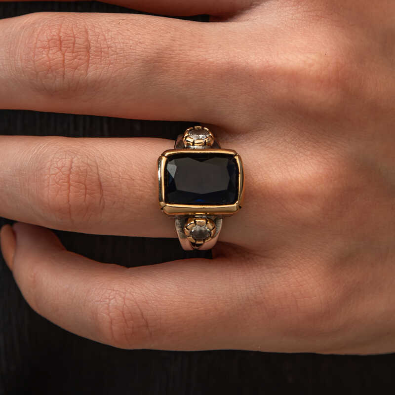 Gümüş Koyu Lacivert Zirkon Taşlı Otantik Kadın Yüzük