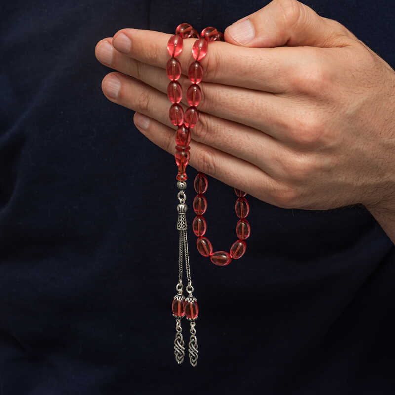 Gümüş Püsküllü Ateş Kehribar Tesbih