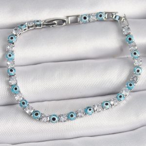 Pirinç Gümüş Renk Su Yolu Zirkon Taşlı Nazar Boncuklu Kadın Bileklik