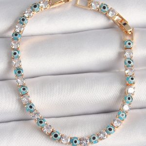 Pirinç Gold Renk Su Yolu Zirkon Taşlı Nazar Boncuklu Kadın Bileklik