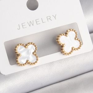 316L Çelik Gold Renk Beyaz Minelik Yonca Model Kadın Küpe