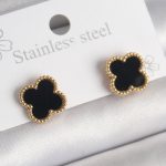 316L Çelik Gold Renk Siyah Yonca Model Kadın Küpe