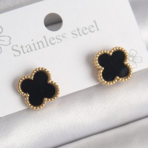 316L Çelik Gold Renk Siyah Yonca Model Kadın Küpe