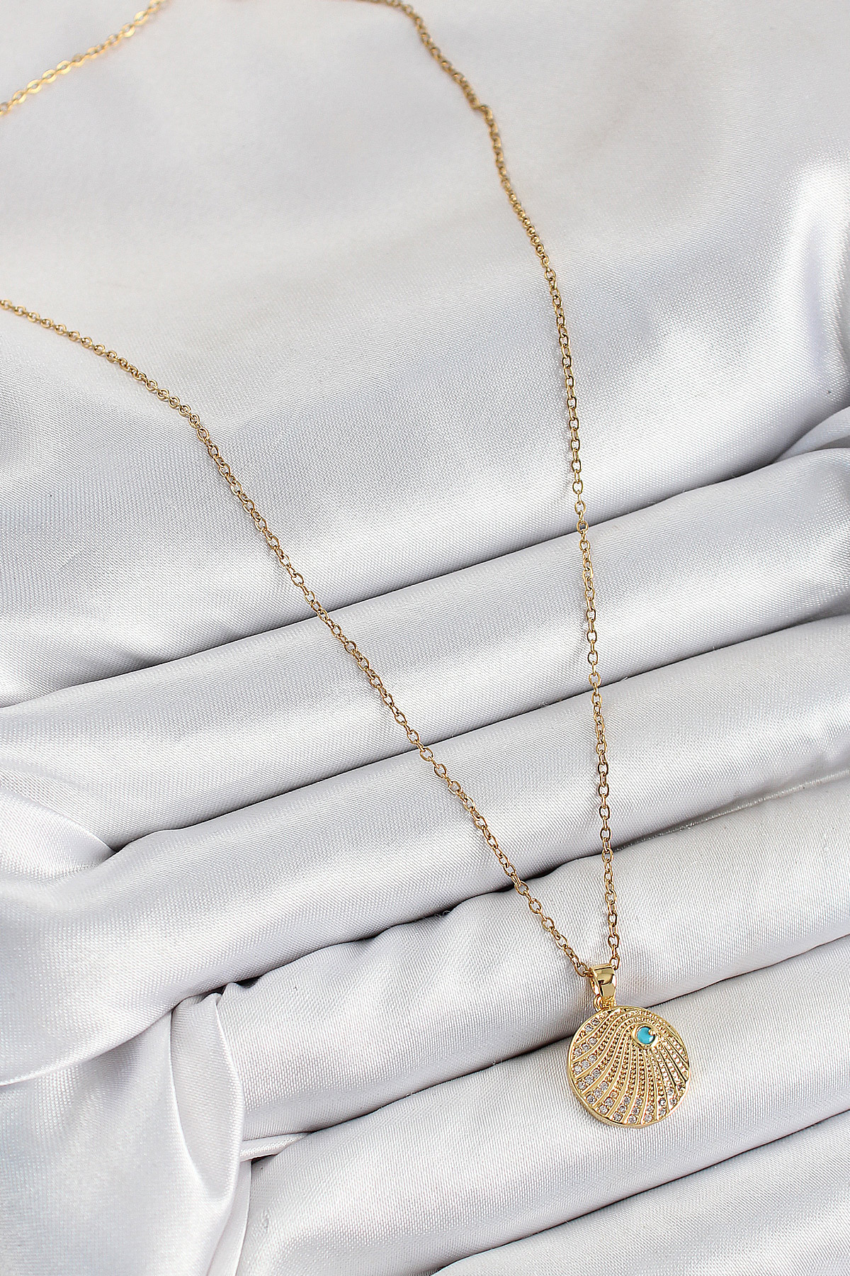 316L Çelik Zirkon Taşlı Madalyon Model Gold Renk Kadın Kolye