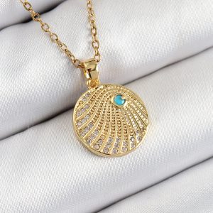 316L Çelik Zirkon Taşlı Madalyon Model Gold Renk Kadın Kolye