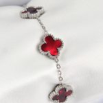 316L Çelik Sedefli Kırmızı Gümüş Renk Yonca Kadın Bileklik