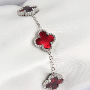 316L Çelik Sedefli Kırmızı Gümüş Renk Yonca Kadın Bileklik