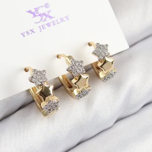 Pirinç Zirkon Taşlı 3'lü Halka Yıldız Model Gold Ve Gümüş Renk Kadın Küpe