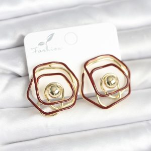 Pirinç Gold Renk Bordo Mineli Geometrik Gül Model Kadın Küpe