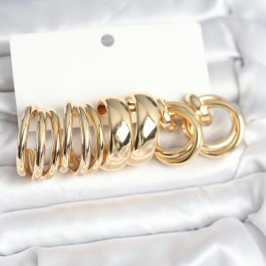 Pirinç Gold Renk 3 Çift Vintage Kadın Küpe Seti