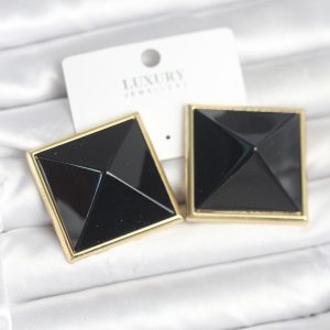 Pirinç Gold Renk Siyah Piramit Model Kadın Küpe