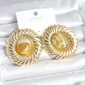 Pirinç Gold Renk Kehribar Boncuklu Vintage Kadın Küpe