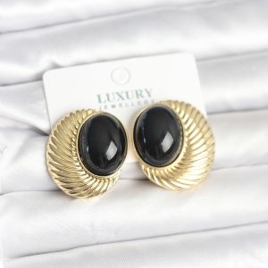 Pirinç Gold Renk Siyah Boncuklu Oval Vintage Kadın Küpe