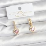 Pirinç Gold Pembe Renk Zirkon Taşlı Kalp Model Kadın Küpe