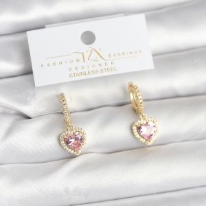 Pirinç Gold Pembe Renk Zirkon Taşlı Kalp Model Kadın Küpe