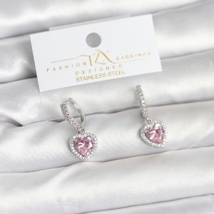 Pirinç Gümüş Pembe Renk Zirkon Taşlı Kalp Model Kadın Küpe
