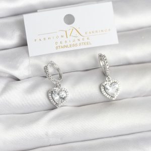 Pirinç Gümüş Renk Zirkon Taşlı Kalp Model Kadın Küpe