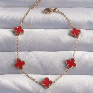 316L Çelik Baby Boy Gold Renk Kırmızı Mineli Yonca Bileklik