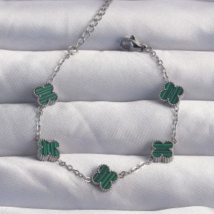 316L Çelik Baby Boy Gümüş Renk Çizgili Yeşil Mineli Yonca Bileklik