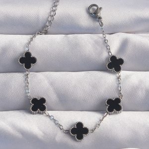 316L Çelik Baby Boy Gümüş Renk Siyah Mineli Yonca Bileklik