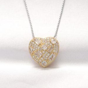 316L Çelik Çift Renk Zirkon Taşlı Kalp Kolye