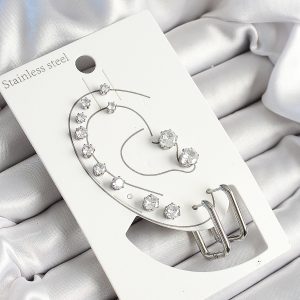 316L Çelik Dikdörtgen Figürlü Ve Zirkon Taşlı Gümüş Renk 7'li Çift Kadın Küpe Set