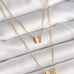316L Çelik Gold Renk 2'Li Simli Kelebek Model Kadın Kolye