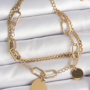 316L Çelik Gold Renk 2'Li Zincir Model Sallantı Kalp Figür Kadın Bileklik