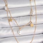 316L Çelik Gold Renk 2'Li Zincir Sallantı Yıldız İnci Model Kadın Kolye