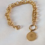 316L Çelik Gold Renk 2'li Zincir Model Çeyrek Altınlı Kadın Bileklik