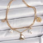 316L Çelik Gold Renk 2'li Zincir Model Sallantı Kalp Figür Yonca Detay Kadın Bileklik