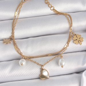 316L Çelik Gold Renk 2'li Zincir Model Sallantı Kalp Figür Yonca Detay Kadın Bileklik