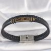 316L Çelik Gold Renk Aksesuarlı Çift Sıra Siyah Burgu Desenli Deri Kordon Erkek Bileklik