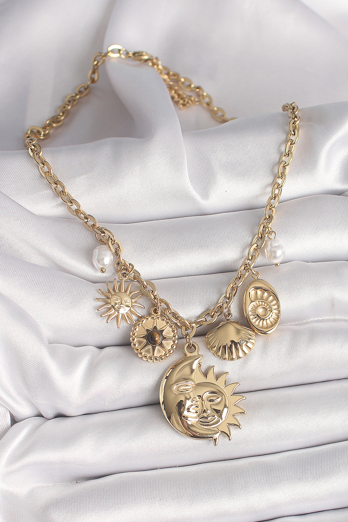 316L Çelik Gold Renk Ay Güneş Figür Deniz Kabuğu Detay Kadın Kolye