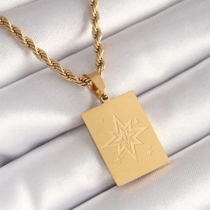 316L Çelik Gold Renk Burgu Zincir Kutup Yıldızı İşleme Plaka Figür Kadın Kolye
