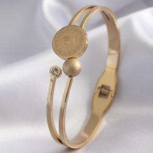 316L Çelik Gold Renk Çeyrek Altın Zirkon Taş Detay Kadın Kelepçe